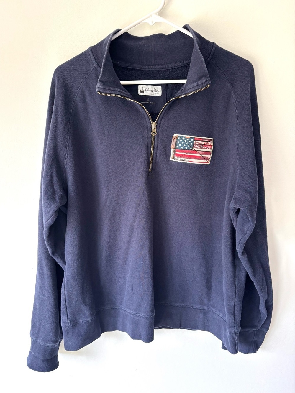 Disney Parks Epcot World Showcase Quarter Zip Pullover Navy Blue American Flag